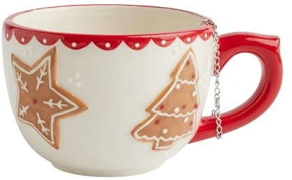 home&you - Tasse Cookino Tee-Ei, 600ml, Weihnachtstasse, Kaffeetasse aus Dolomit, Teetasse mit Lebkuchen-Design, Kaffeebecher, Teetassen, Keramik, Edelstahl - Rot