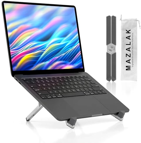 MAZALAK Laptop Stand for Desk, Foldable Aluminium Laptop Riser, Portable Height Adjustable Computer Stand, Ergonomic Holder Compatible with MacBook, Dell, HP, Lenovo, ASUS – Fits 11–18.4 Laptops