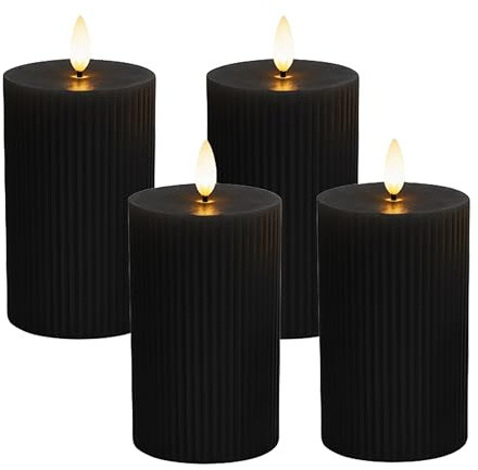 Relaxdays LED Kerzen, 4er Set, HxD: 13 x 7,5 cm, flackernde Flamme, Echtwachs, Rillen, flammenlose Blockkerzen, schwarz