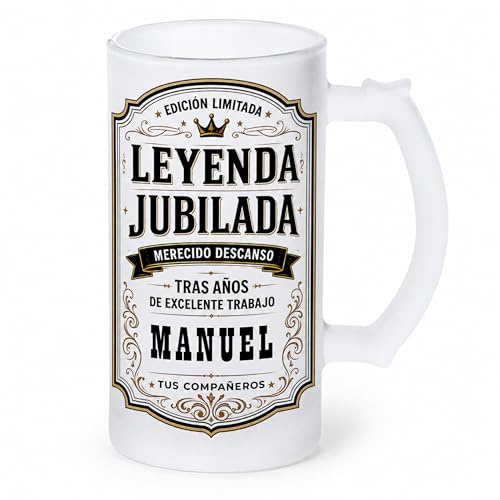 Gifters | Jarra de Cerveza Personalizada Jubilación con Nombre | Cristal Mate 500 ml | Diseño Vintage “Leyenda Jubilada” | Regalo Original para Jubilados, Compañeros de Trabajo, Oficina y Despedidas
