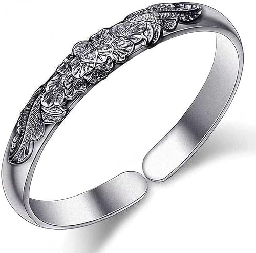 armband, Kvinnor Vintage Hand Carve Flower Cuff Armband Kinesiskt Dam Silver Smycken Födelsedag