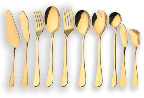 Berglander Edelstahl Goldener Servierbesteck Set, glänzend Goldener Servierbesteck Set, Tortenheber, Fischmesser, Fischgabel, Servierlöffel, Serviergabel, Salatlöffel, 10 Stück