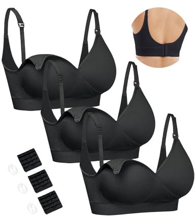 HOFISH Still-BHs zum Stillen, nahtloser Schwangerschafts-BH mit V-Ausschnitt für Damen, ohne Bügel, Schwangerschafts-/Schlaf-BHs, Schwarz, 3 Stück, Large