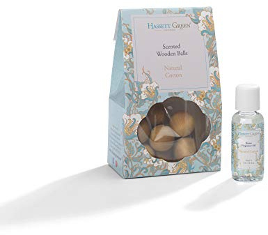 Hassett Green London - Natural Cotton - Scented Wooden Balls Pack of 12 plus 30ml Bottle of Home Fragrance Oil for Refreshing - Alternative to Pot Pourri, Diffusers, Sachets and Drawer Liners