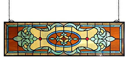 Yogoart 32 Inch Width Horizontal Stained Glass Window Hangings Tiffany Glass Window Panel 9 Inch Height