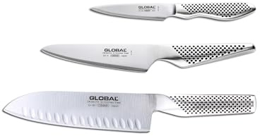 Global G-80338-Juego de cuchillos de 3 piezas con Santoku – Suelo hueco, utilidad y cuchillo de pelar