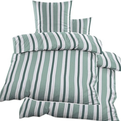 4-TLG. Seersucker Bettwäsche 2X (135x200 +80x80cm), grün Töne, gestreift, bügelfrei, Microfaser (60373)