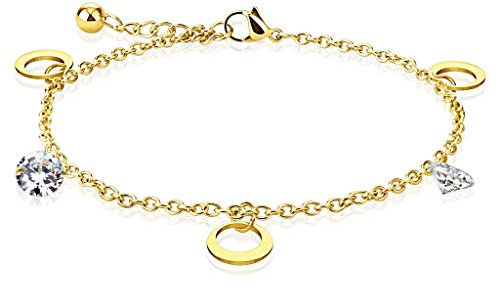 Paula & Fritz® Armband Damen Zirkonia Mond Charm Anhänger Gold/Klar 316L Chirurgenstahl 230-mm Bettelarmband Arm-kettchen Arm-Schmuck Fußkette