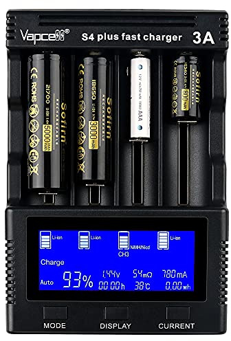18650 Battery Charger, Universal 4 Bay Intelligent Quick Charger with LCD Display, Independent Slot for Recharging 18650 21700 26650 14500 16340 and AA AAA Rechargeable Ni-MH Batteries (Version 3.0)