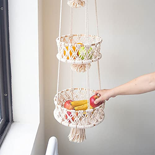 3 Tier Hanging Fruit Basket for Kitchen,URMAGIC Macrame Hanging Basket with Tassel,110cm Boho Decor Hanging Plant Holder,White Macrame Vegetable Organizer,Indoor Planter Hangers
