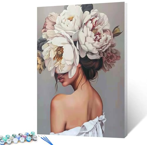 Tucocoo Måla efter nummer, motiv med kvinnohuvud av blommor, i modern stil, akryl, oljemålning-set, fin heminredning, måla efter siffror, perfekt för vuxna/nybörjare, utan ram – 40 x 50 cm