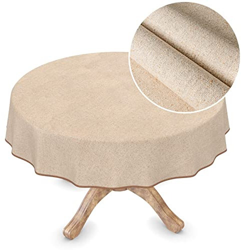 ANRO Wachstuchtischdecke Textil Tischdecke Wachstuch abwaschbar Leinenoptik Beige Uni Nachhaltig Rund 140cm Wachstischdecke wasserabweisend Gartentischdecke Meterware pflegeleicht Lotuseffekt
