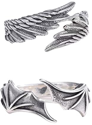 BYNYXI Engel Teufel Paar Ringe, Verstellbare Partnerringe 925 Sterling Silber Ring mit Flügel und Teufelsmotiv, Vintage Offener Ring Schmuck für Damen und Herren