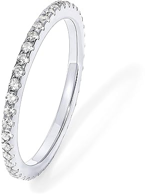 PAVOI Rhodium Plated 925 Sterling Silver Stackable CZ Ring for Women | Thin Band for Stacking | Simulated Diamond Eternity Wedding Band | Size 10