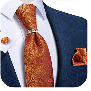 DiBanGu Mens Paisley Necktie Burnt Orange Floral Tie and Gold Tie Ring Set Handkerchief Cufflinks Wedding Party