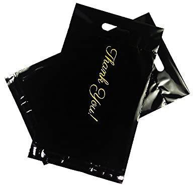 Versandbeutel 50 stücke Mailer Tasche Schwarz Rosa Einkaufstasche Kurier Taschen Selbstsiegel Poly Mailer mit Logo Express Taschen Griff Umschlag Taschen (Color : 26x33x7 BK Thank You)