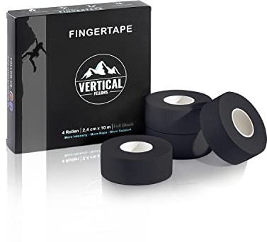 VERTICAL FELLOWS® Klättertejp – DERMATEST mycket bra – med PDF-tejp, perfekt fingertejp för klättring, bouldering, styrketräning, volleyboll, handboll, kampsport (4 rullar – 2,4 cm bred – svart)
