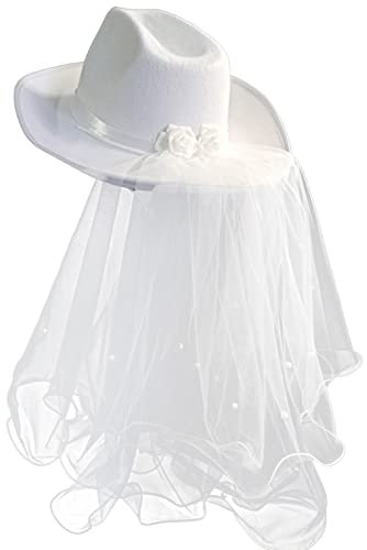 Tuelaly Braut Hut Dekorieren Frauen Cowgirl Hut mit Schleier Classic, weiß, S
