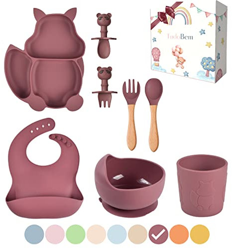 TudoBem Coffret Repas Bebe Accessoire [8 Pièces], Set Vaisselle Bebe 1er age, Assiette Bebe, Bol Ventouse pour Bébé, Cadeau Bebe Garcon, Vaisselle Enfant, Bôite Cadeau Prête à Offrir, Bordeaux