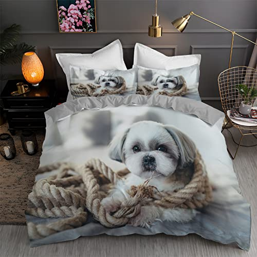 Grey Bedding Double Bed Set Shih Tzu Print Duvet Cover for Double Bed Bedroom Decoration Quilt Cover and 2 Pillowcases 50x75cm, Fluffy Soft 110gsm Brushed Microfiber, with Zipper Closure