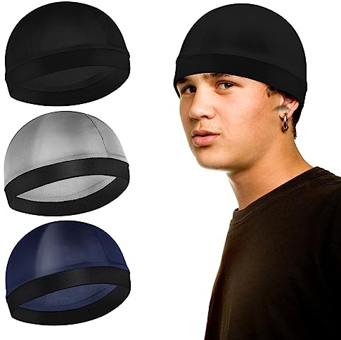 Sibba 3 pezzi Unisex Satin Silky Wave Caps 360 540 720 Wave Elastic Band Silky Durag Headwear Calze Parrucca Beanie Cap Morbido Traspirante Skullies Berretti Cap per dormire doccia, Argento