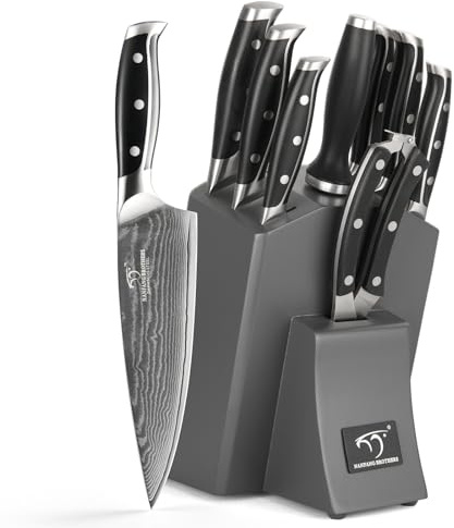 NANFANG BROTHERS Professionelles Damaskus Messerblock Set 9er Kochmesser-Set Aus Edelstahl Mit Holzblock Block Sets Grau