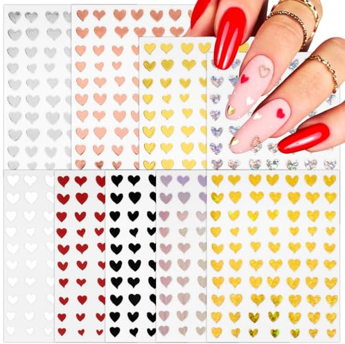 9 Feuilles Saint Valentin Autocollant Sticker Nail Ongle Auto-adhésif Coeur Argent Jaune Noir Rose Blanc Stickers Pochoir Décoration DIY Manucure Pour Fête Anniversaire Mariage