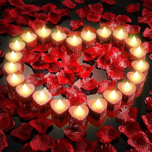 24 candele a LED a forma di cuore romantico, con 1200 petali di rosa artificiali, decorazioni romantiche per San Valentino, candele a LED senza fiamma, per anniversario, matrimonio, decorazione da