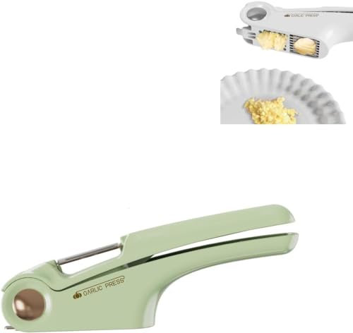 2 in 1 Garlic Press,Garlic Press Stainless Steel,Garlic Peeler & Garlic Cleaning Tool,Easy-to-Squeeze Garlic Slicer,Ergonomic Handle Rust Proof Dishwasher Garlic Press (Green)