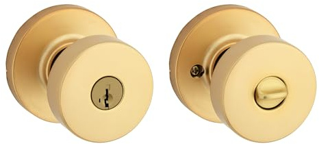 Kwikset Pismo Entry Door Knob with Lock and Key, Secure Keyed Handle Exterior Doorknob, Front Entrance and Bedroom, Satin Brass, Pick Resistant SmartKey Rekey Security