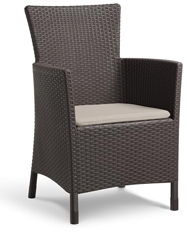 Keter Iowa - Sillón de jardín para Exterior e Interior con cojín Incluido, Resina con Acabado de ratán Plano, Color Marrón