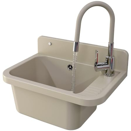 Granitan Lavabo universel, pour garage, cave, atelier et buanderie, avec siphon, montage mural, 50 x 34 x 31 cm, beige + robinet de lavabo FLEX