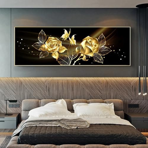 JLCZBT Quadro da Parete in Oro Nero di Grandi Dimensioni con Foglia di Piante, Moderno, Rosa per Soggiorno, Camera da Letto, Senza Cornice (Nero, 50 x 150 cm)