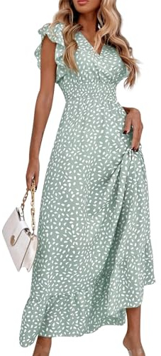 Sommerkleid Damen Lang Elegant Maxikleid V Ausschnitt Sommerkleider A Linie Leicht Strandkleid Luftig Damenkleider Rüschen Kurzarm Volantkleider Empire Korsett Kleid Frauen Punkte Maxi