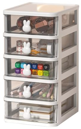 Kleine Schreibtisch Aufbewahrungsbox Mehrstöckig Transparente Schubladen Box Organizer Große Aufbewahrung Schubladen mit Häschengriff für Bürobedarf (Weiß, 5 Etagen (13,4 x 17 x 26 cm))