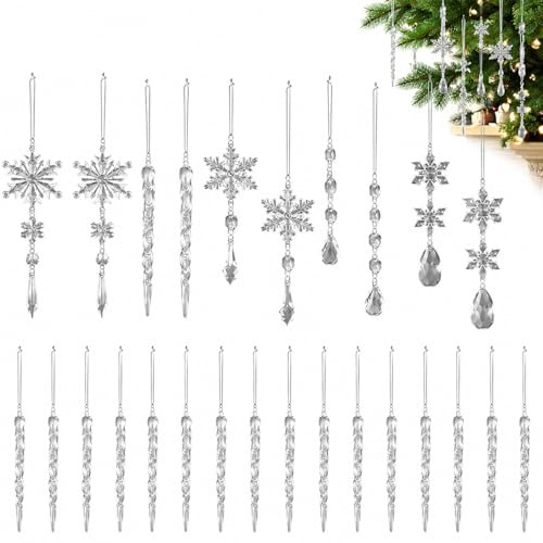 DUGEGAYL 22 Stück Weihnachtsdekoration Acryl Schneeflocken Eiszapfen Weihnachtsbaum Eiszapfen Schneeflocke mit Kristall Linie Ornamente Set für Weihnachten Party Dekorationen