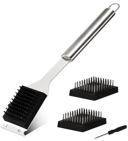 16.5” Grill Brush and Scraper with 2 Brush Replacements & 1 Screwdriver, Wire BBQ Grill for Outdoor, 304 Stainless Steel Cleaning BBQ Accessories