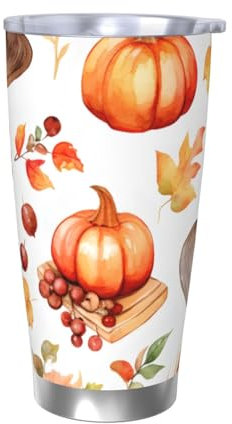 Mexpekil Isolierter Reisebecher, Eiskaffeetasse, Reisebecher, Edelstahl, Smoothie-Tasse, Auto-Kaffeetasse, Hut, Kürbis, Weizen, Becher mit Deckel, ohne Strohhalm, 590 ml