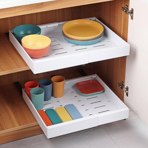 FUNYKICH Teleskopschublade, Ausziehbarer Schrank Organizer mit 6 Schrauben, Verstellbare Breite 32-52cm, Kein Bohren und Nageln Erforderlich, Ausziehbare Schublade für Küche, Wohnzimmer, Badezimmer
