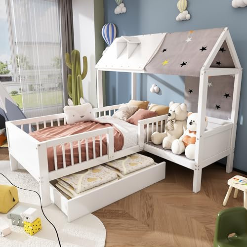 Kinderbett Hochbett Einzelbett 90x200 für Kinder, Holzbett Hausbett mit Sofasitz & Schubladen & Zeltstoff, Baumhausbett Bettgestell mit Rausfallschutz und Lattenrost, Stauraumbett, Ohne Matratze, Weiß