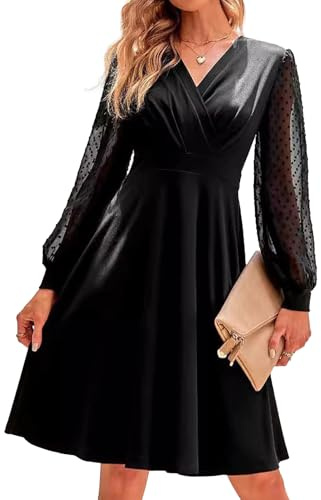IFFEI Women Dresses Long Sleeve V Neck Swiss Dot Solid Ladies Cocktail Evening Party Midi Dress XL Black
