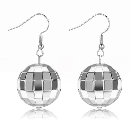 TIESOME Discokugel Ohrringe, Glitzer Accessoires Damen, Lustige Ohrringe, Retro Disco Kostüm Damen, Party Zubehör, Ohrringe Discokugel Silber, Disco Outfit Damen, Accessoires Damen, Disco Kostüm Damen