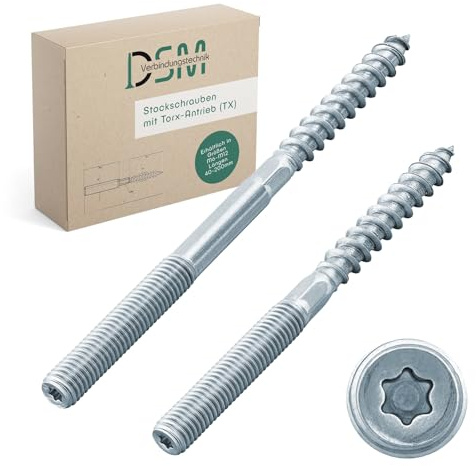 DSM – Stockschrauben M6 x 100 mm – 10 Stück – Torx TX15 – galv. verzinkt | Doppelgewindeschrauben für Rohrschellen – Schlüsselfläche [TrueSpec Präzision] Waschbecken Halterung Holzschrauben