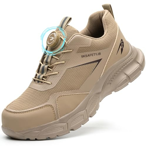 GUDECIUS Chaussures de Sécurité Hommes Femmes Légère Baskets de Securite Chaussures de Travail Embout en Acier Chaussure de Chantier Respirantes Antidérapante Kaki 44 EU