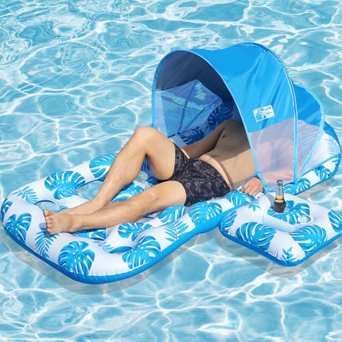 COOLCOOLDEE Inflatable Pool Float with UPF 50+ Sunshade Canopy,Extra Large Pool Lounger Float for Adult with Headrest,Cup Holder