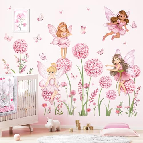 decalmile Rosa blomma älva väggdekaler maskros blommig fjäril väggklistermärken flickor sovrum barnkammare barnrum väggdekor