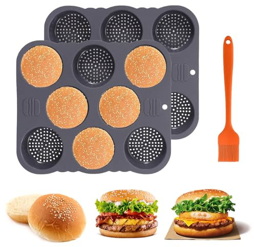 Silikon Backform für Burger, 2 Stück Brötchen Backform Mini Burger Brötchen 8 Hohlräume Mini Burger Buns Antihaft BurgerBuns Backforms für Hamburger Brot Muffins Kichen Backwerkzeug 8cm Durchmesser