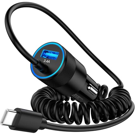 Zigarettenanzünder USB C, Upgrade 3.4A Autoladegerät Adapter, 2 Häfen USB-C Kfz-Ladegerät mit 1.2M Spiral Typ C Kabel für iPhone 17Pro Max/16/15, Samsung S25 Ultra/S24/S23/S21/A55/A16,Xiaomi 15 usw