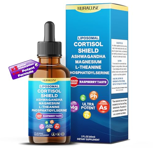 NURAFUSE Liposomal Cortisol Shield, Ashwagandha, Magnesium, Theanine, Phosphatidylserine, St Johns Wort Liquid Drops – Ultra Potent, Natural Taste – 2 FL OZ (60ml)