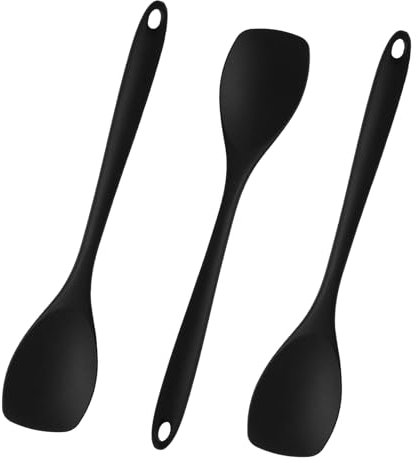 3 Rühr Kochlöffel, Schwarz, je 27.5 cm hitzebeständig bis 210°C, ergonomischer Griff, ideal für Antihaftkochgeschirr, Spülmaschinengeeignet